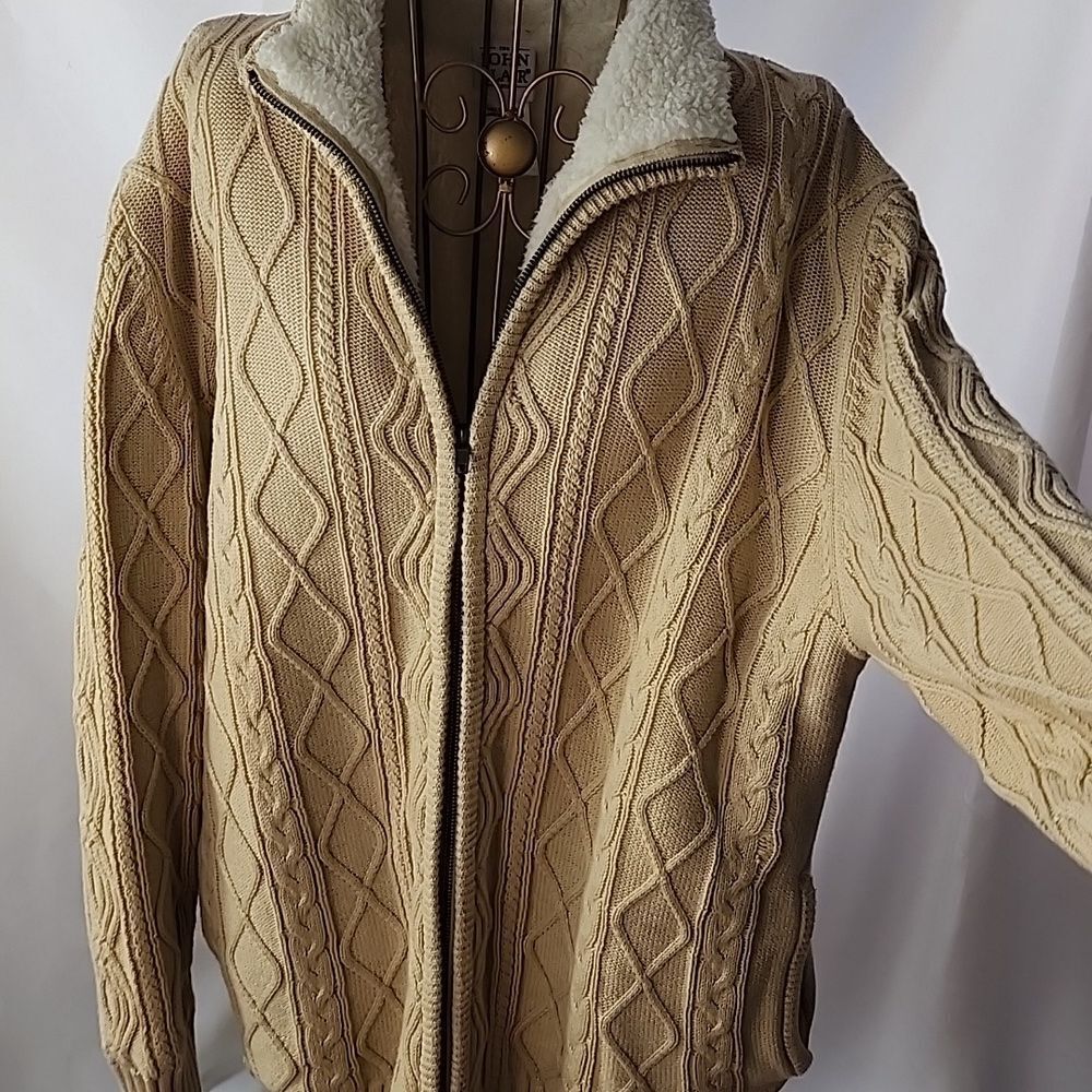 Neutral Color Fleece Lined Cable Knit Zip Up Sweater Jkt Eclectic Grandpa Unisex